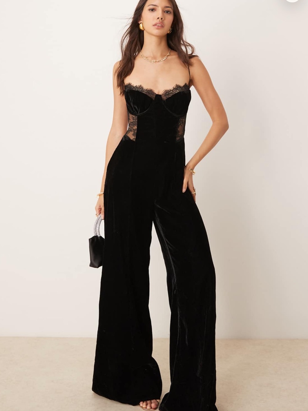 ASOS Black Velvet Lace-Trim Strapless Wide-Leg Jumpsuit